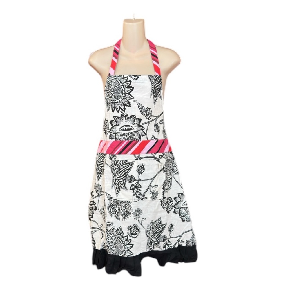 World Market Apron 100% Cotton Black Floral Pink Stripes Pockets Ruffle…